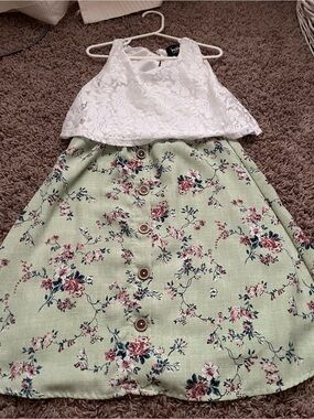 White Lace Halter Top & Light Green Floral Skirt Dress for Girls